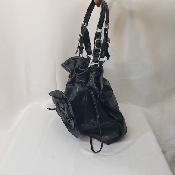 Oxone Paris VINTAGE Rose Embellished Leather Shoulder Drawstring Bucket Bag - Picture 3 of 16